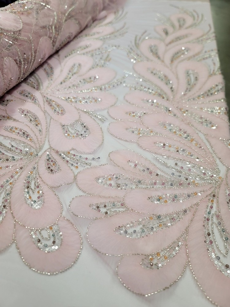 Floral 3D Lace Pink Embroidered Beaded Flowers Mesh Fabric Sold By The Yard Prom