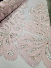 Floral 3D Lace Pink Embroidered Beaded Flowers Mesh Fabric Sold By The Yard Prom