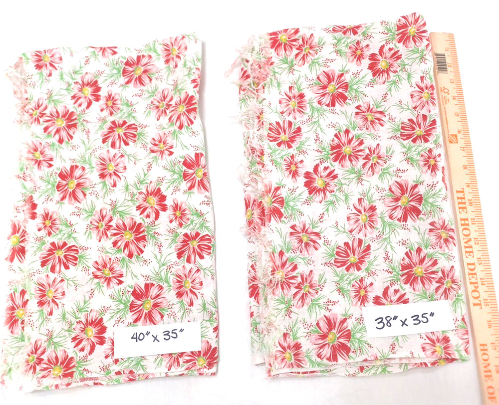 2 Pcs VTG Red White Floral Lightweight Hemp Linen Cotton Sewing Craft Fabric