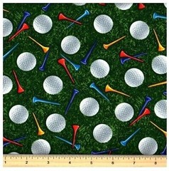 Sports Fabric – Golf Ball & Tee Toss on Dark Green – Timeless Treasures YARD