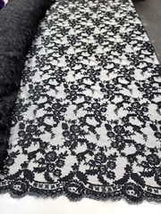 Black Embroidery Lace Fabric 50” W Floral Cord Embroidery Fabric By The Yard