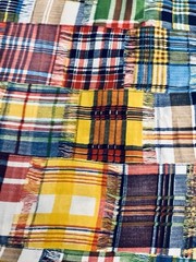 VTG ‘70’s Colorful Faux Madras Plaid Patchwork 3 ” Squares Cheater Quilt BTFQ