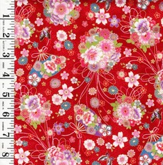 Japanese – Cosmo Floral Bouquets & Fans – AP45108-2C – Red – By the Half Yard