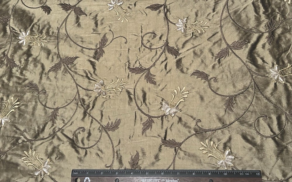 Antique Brass velvety Embroidery Dupioni Shantung 100% Silk, 54″ W (EB-858)