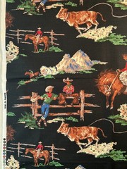 Fabric – Rare Vintage “ROUNDUP” Cowboy By MODA BARKCLOTH Black BTY 36” L x 54″ W