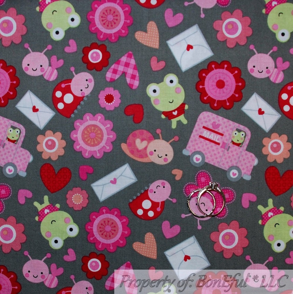BonEful Fabric FQ Cotton Quilt Gray Red Pink Love Heart Polka Dot Frog Girl SALE