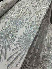 “Silver Iridescent Sequin Stretch Lace Fabric – Sold by the Yard for Prom, Brida
