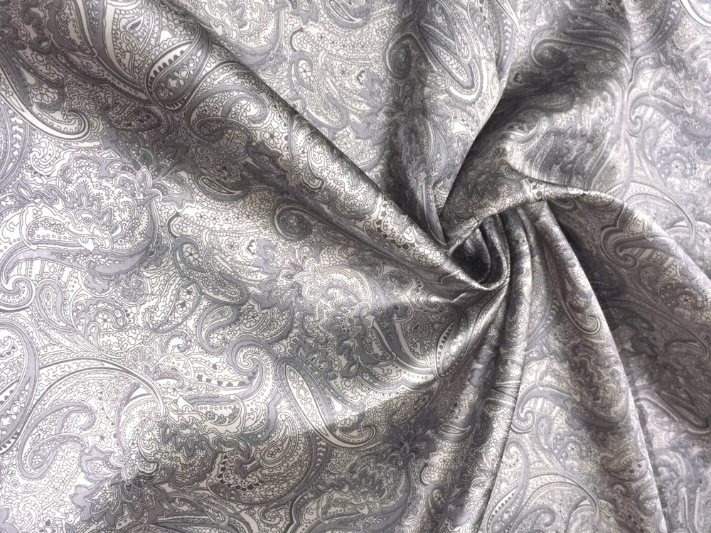 Paisley Print NON-STATIC Viscose Satin Feel Material Fabric BTY 60″W -Grey
