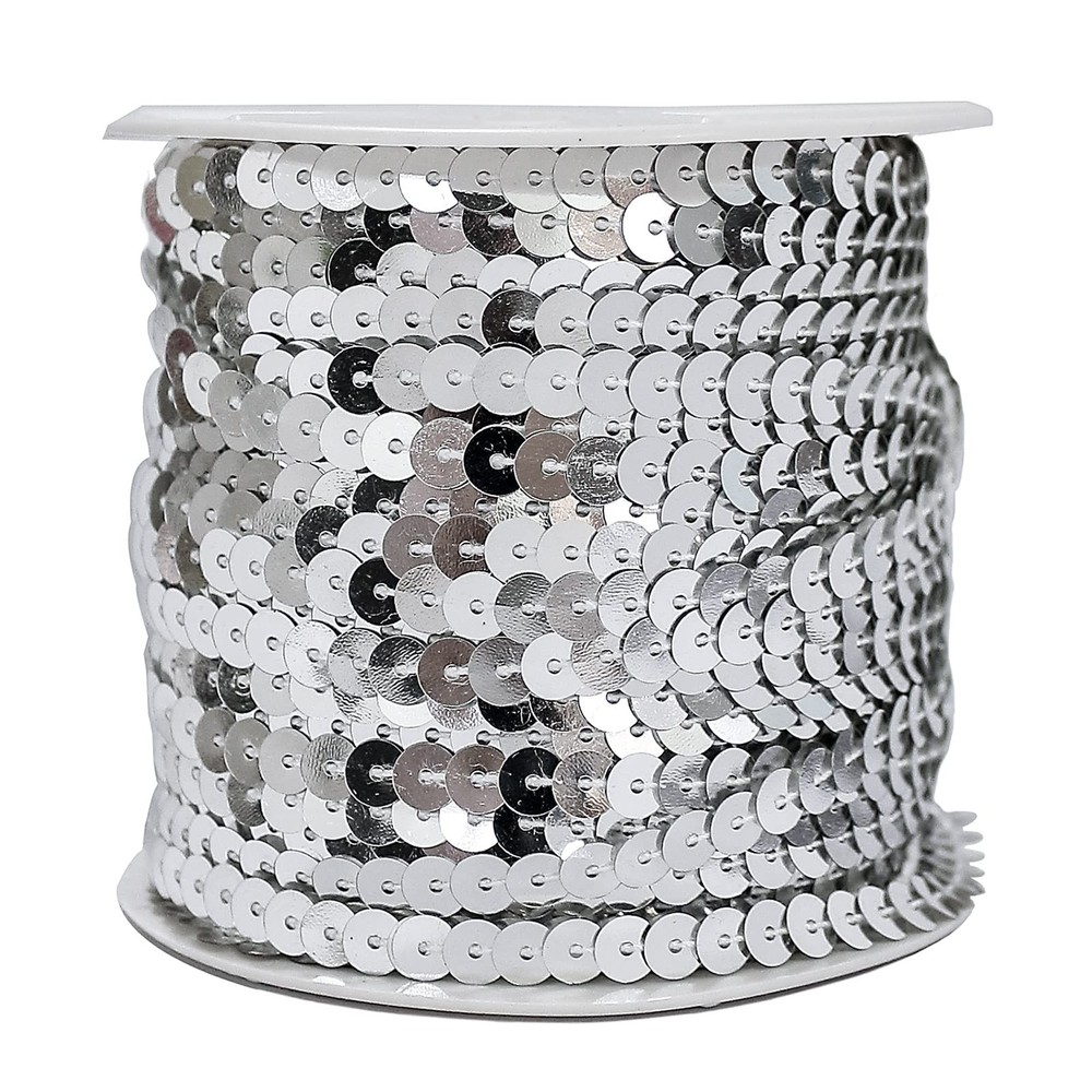 Silver Spangle Round Sequins Trim Roll, 6mm PVC Paillettes, 100 Yards for Sewing