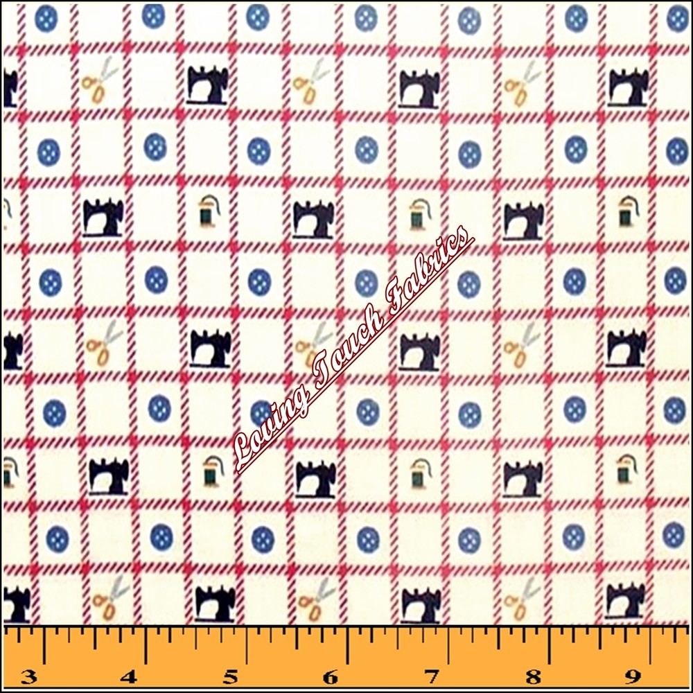 MARCUS BROTHERS TINY VINTAGE SEWING MACHINES THREAD BUTTONS FABRIC 18″X 22″