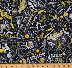 Cotton Softball Sports Bats Balls Words Black Fabric Print by Yard D674.82