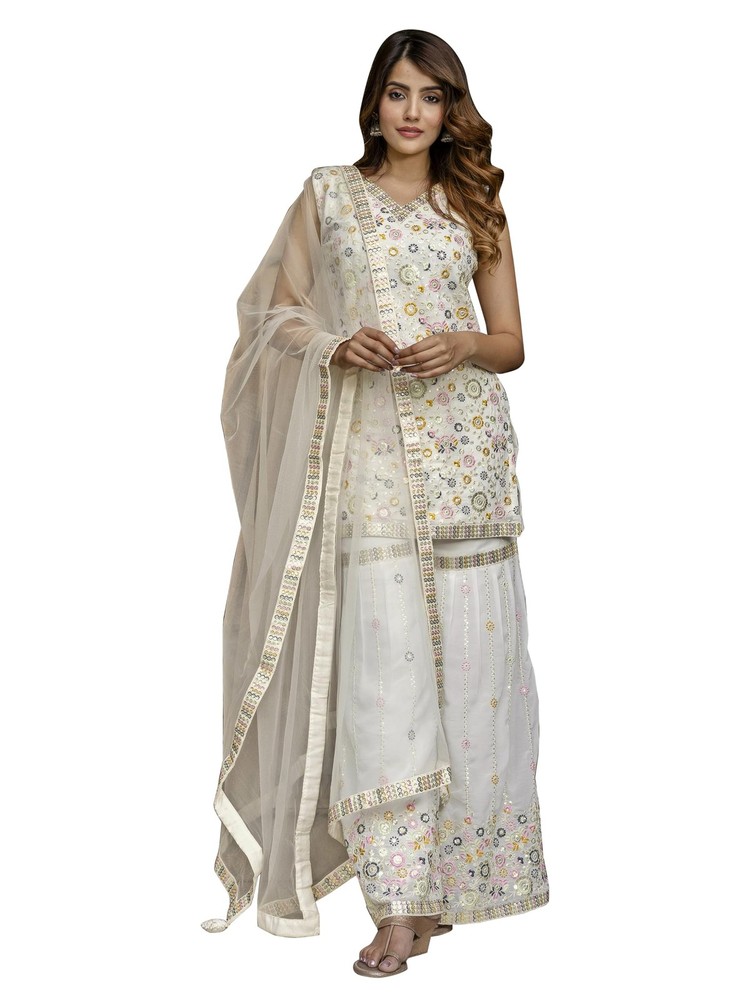 Trendmalls Womens Georgette Embroidery Work Kurta Sharara Set Dupatta Kurta Set