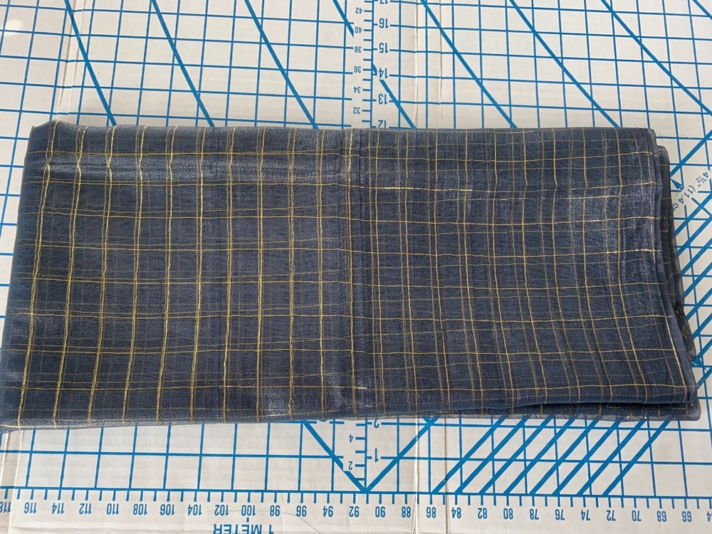 FANCY FABRIC: + 2-2/3 yards x 40″ wide of “SHEER GREY w/Metallic GOLD CHECK