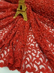 Red Beaded Lace Embroidery Fabric By The Yard Geometric Pattern Luxury Lace