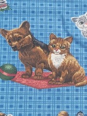 1 5/8 yds VTG Dogs Cats Kittens Puppies Blue Novelty Fabric Cotton Blend