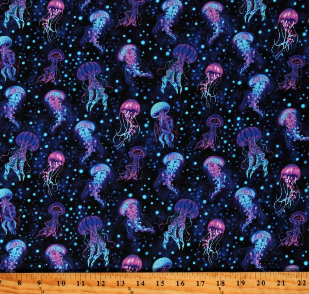 Cotton Jellyfish Aquatic Animals Ocean Midnight Fabric Print by Yard D786.19