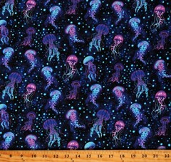Cotton Jellyfish Aquatic Animals Ocean Midnight Fabric Print by Yard D786.19
