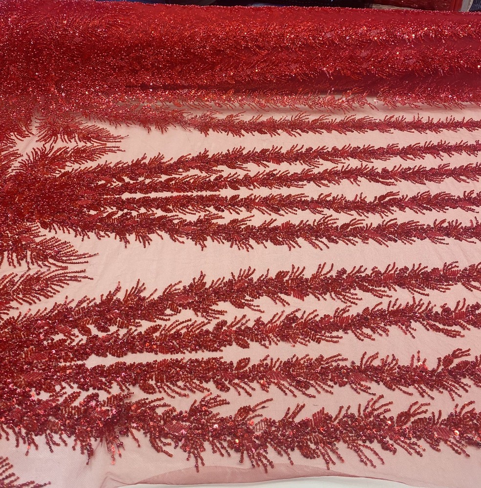 Red Celestial Fern Beaded Lace Fabric – Crystal Embroidered Tulle Prom Fabric