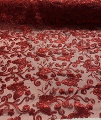 Red Butterfly Sequin Lace Fabric – 3D Embroidered Floral Mesh Couture Beaded