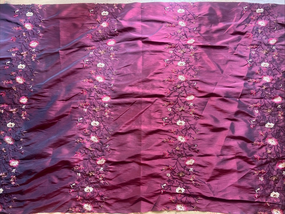 FAUX SILK FLOWERS EMBROIDERED~DRAPERY UPHOLSTERY Sold By The Yard Burgundy