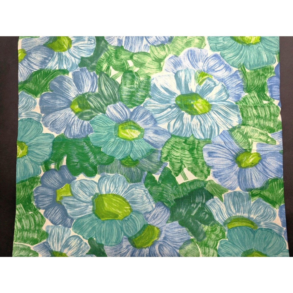 Vintage 60s Flower Print Fabric Green Blue Brushstroke Floral Large Print 4.9 Yd