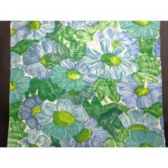 Vintage 60s Flower Print Fabric Green Blue Brushstroke Floral Large Print 4.9 Yd