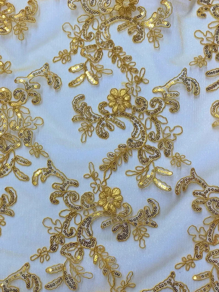 Golden yellow corded Floral lace with sequin Fabric Sold By Yard 52″ Wide Elena