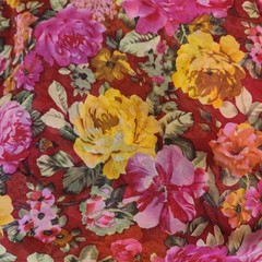 6 Yrds 52″ Silk Chiffon Fabric Floral Print Red Pink Yellow Roses Sheer Drapey