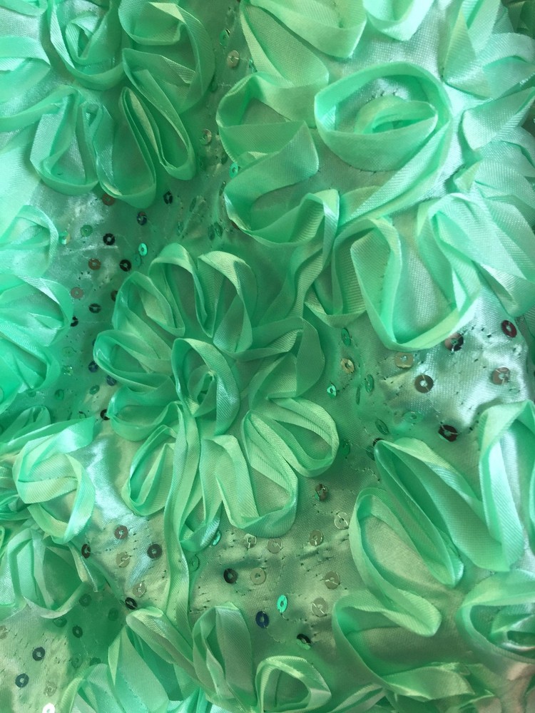 Allie LIGHT GREEN 3D Floral Polyester Satin Rosette with Sequins Fabric by the