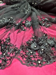 Black 3D Floral Lace Embroidered Rhinestones in a Mesh Lace Fabric By Yard