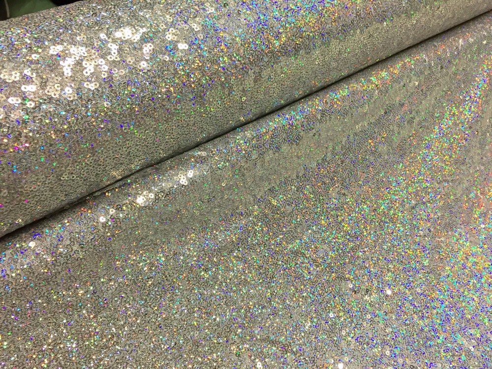 3mm Sequin Fabric Material Stretch Sparking Paillette 120cm Wide Silver Hologram