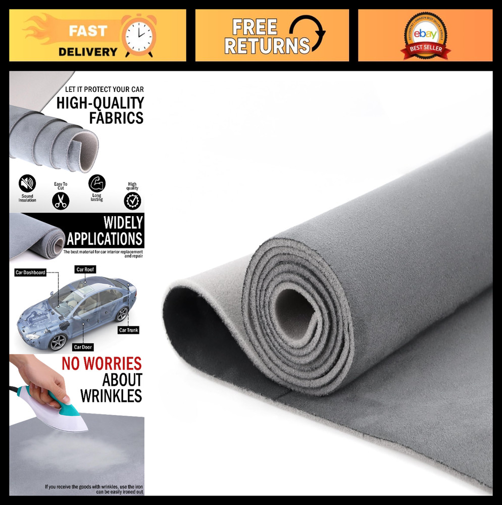 Gray Suede Headliner Fabric 96″ L x 60″ W Foam Backing for Auto, SUV, RV, Boat