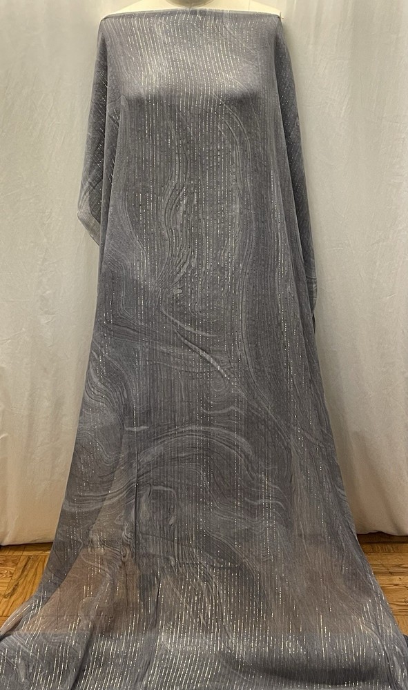 100% Silk Chiffon w/ Lurex Gold Stripes & Wave Gray Fabric By the Yard 44″ Wide