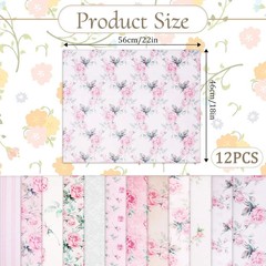 12 Pieces Floral Cotton Fabric Bundle, 18 X 22 Inch Pink Rose Flower Quilting Sq