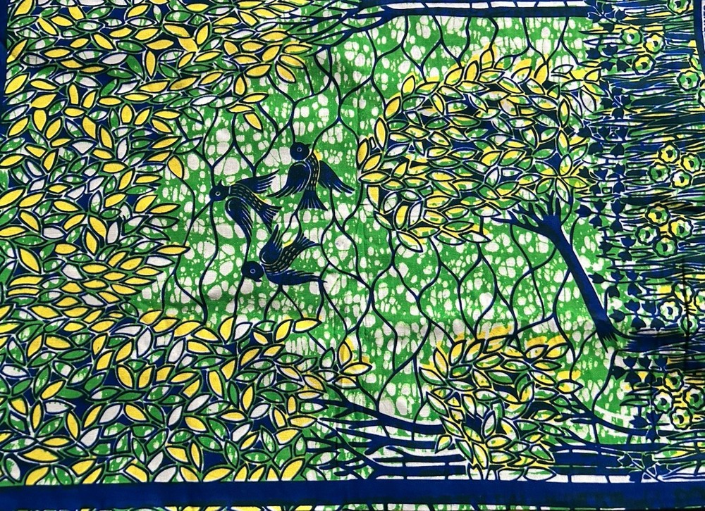 Yellow Green Abstract Bird Florals Wax Block Print Cotton Fabric 65” X 44”