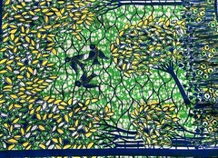 Yellow Green Abstract Bird Florals Wax Block Print Cotton Fabric 65” X 44”