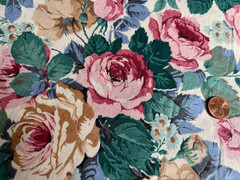 Pretty Pink Gold Roses Floral On Ivory 100% Cotton 4 1/2 Yds x 44″ Wide Clean