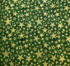 FABRI-QUILT -SEASON’S GREETINGS #103-220-METALLIC GOLD STARS ON GREEN- BY THE YD
