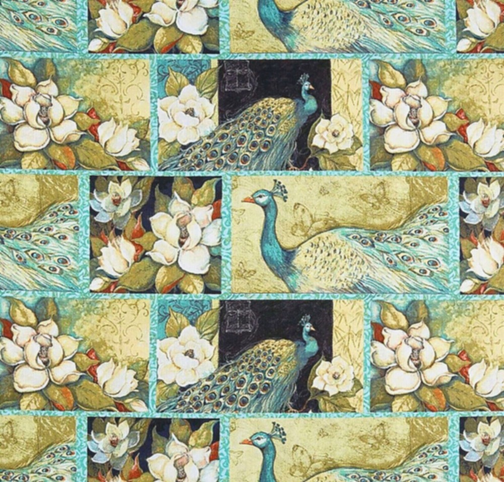 PREMIUM COTTON FABRIC – SUSAN WINGET IRIDESCENT PATCH PEACOCKS – 1 1/2 YDS