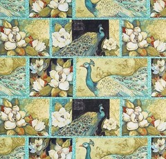 PREMIUM COTTON FABRIC – SUSAN WINGET IRIDESCENT PATCH PEACOCKS – 1 1/2 YDS