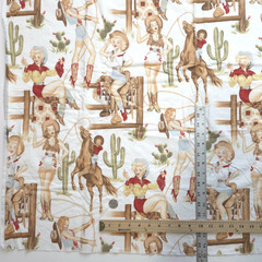 Alexander Henry Back In The Saddle 2008 Pinup Cowgirls White Fabric 2.6YD WASHED