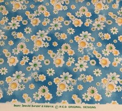 Daisy Floral Fabric By RED Original Designs White Yellow On Distressed Blue BTHY