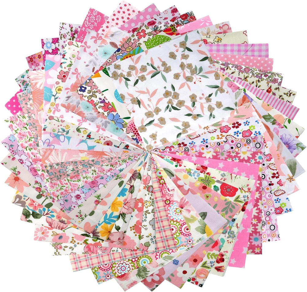 50PCS Floral Cotton Fabric Squares Random Style – Pre-Cut 5X5 Inch Pink Fabric Q