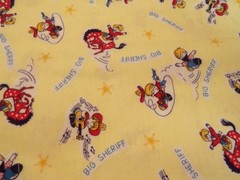 29″ X 44″ VINTAGE FLANNEL”BIG SHEFIFF” ON YELLOW W/COWBOYS RARE COTTON NEW #2299
