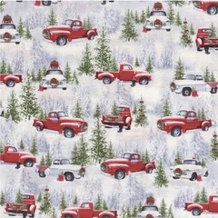 Henry Glass Tradition Continues Medium Trucks Grey/Red Cotton Fabric By The Yard