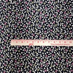 Pink White Green Floral Vines Black Rayon Fabric BTHY #61