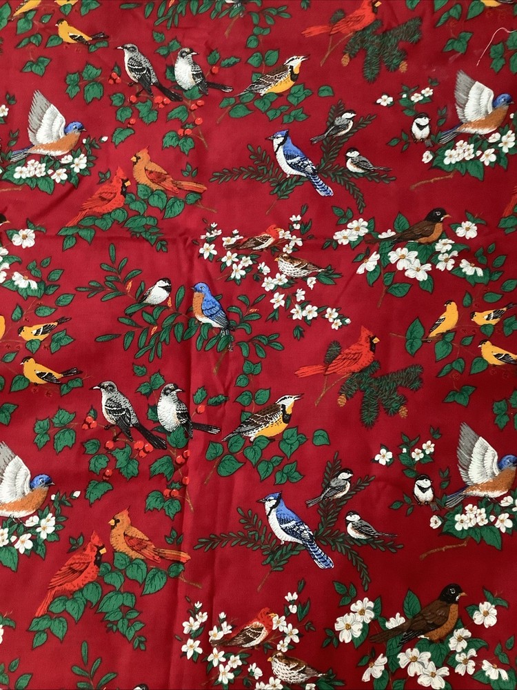 Vintage Fabric Red With Birds Cardinal Blue Birds Cotton 1.5 Yards VIP Cranston
