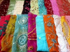 Abb 15pcsVintage Sari Georgette Fabric Remnants Embroidered Craft Scrapbook DUP3