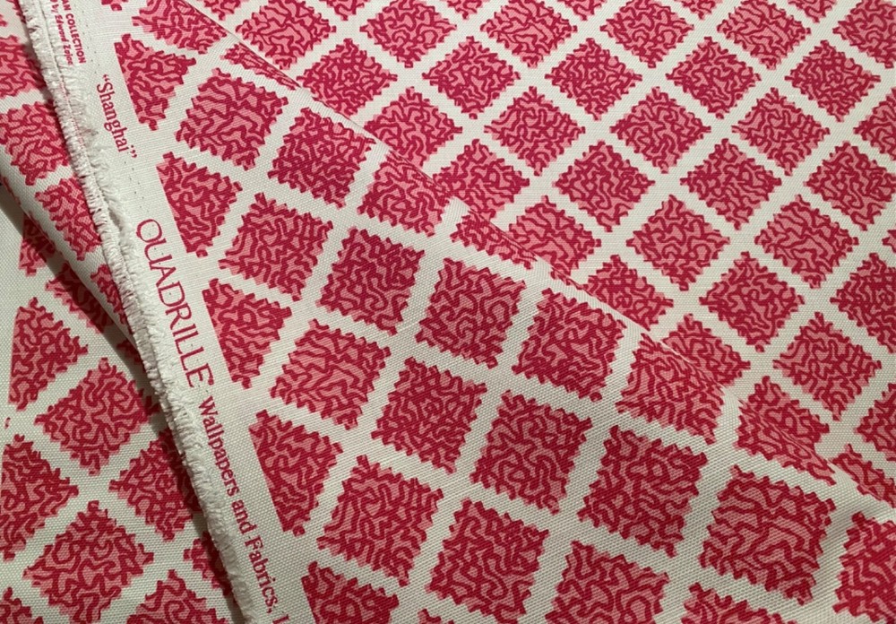 1.5YD QUADRILLE Shanghai Raspberry White Hand Screen Print 55% Linen Fabric