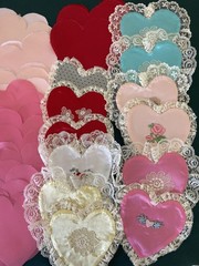 Handmade Embroidery Hearts Lace in Progress Red White Pink Yellow Fabric LOVE